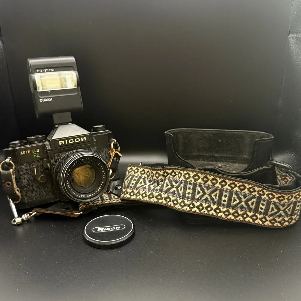 Ricoh Auto TLS EE 35mm SLR Film Camera with Auto Rikenon 50mm f1.7 Lens Flash